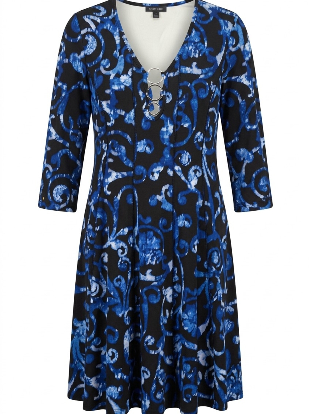 Sami & Jo Black and Blue Scroll-Print V-Neck Midi Dress with Ring Detail
